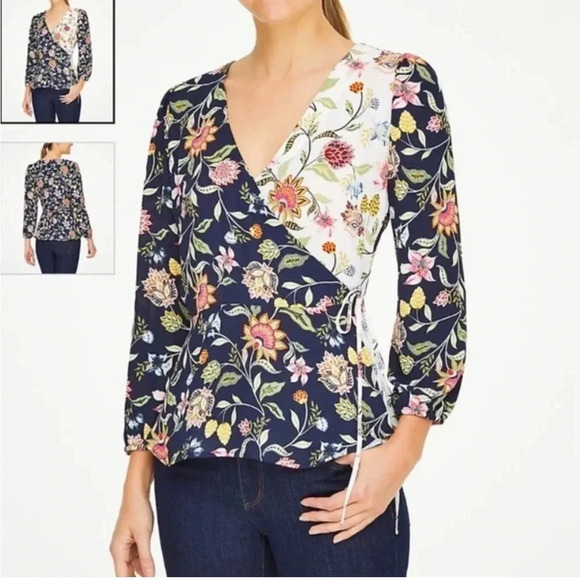 LOFT Floral Wrap Blouse size XS Navy blue, white multicolor - Picture 1 of 14